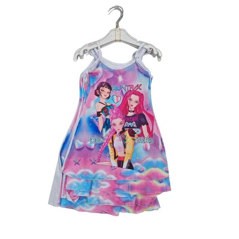 Set van 6 – Meisjes zomerjurk Huntrix print pastelroze – Kinderkleding