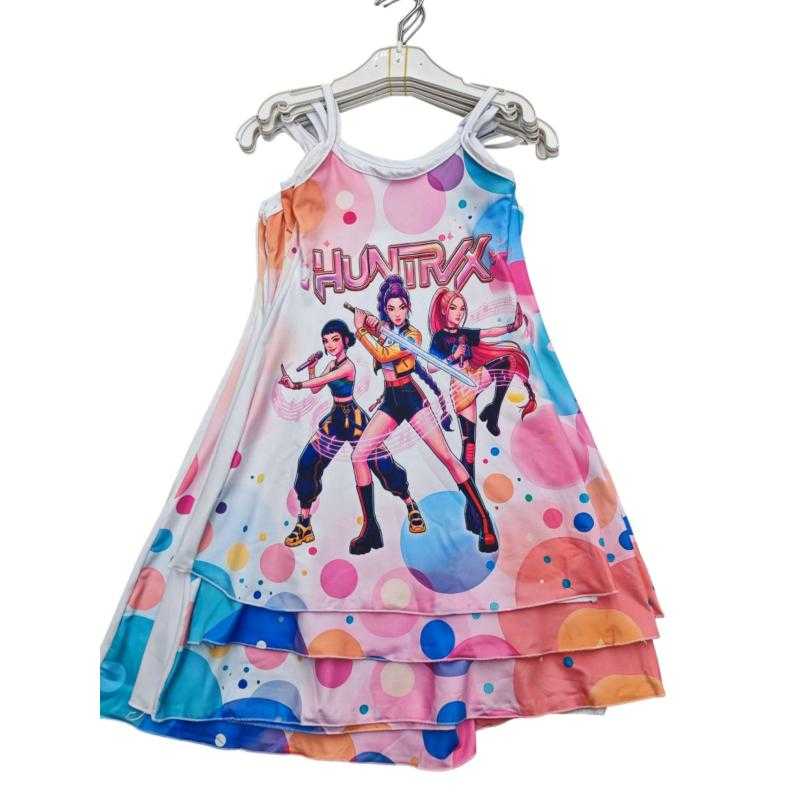 Set van 6 – Meisjes zomerjurk Huntrix print pastelroze – Kinderkleding