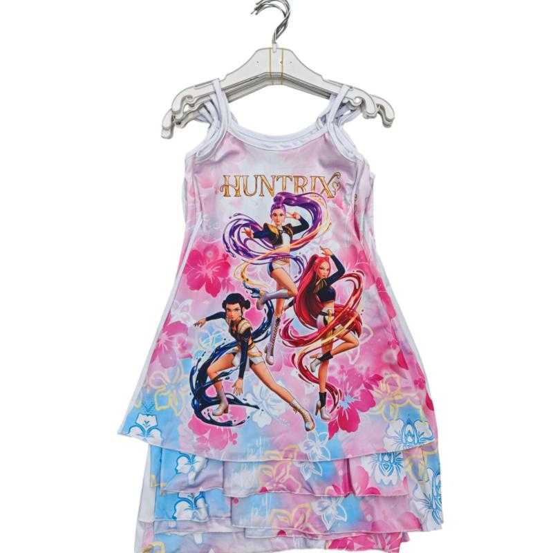 Set van 6 – Meisjes zomerjurk Huntrix print pastelroze – Kinderkleding