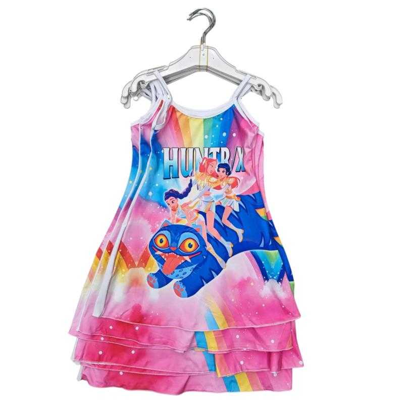 Set van 6 – Meisjes zomerjurk Huntrix print pastelroze – Kinderkleding