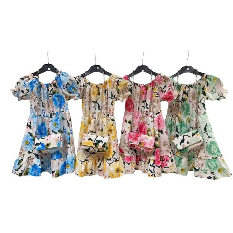 Pack of 6 – Girls floral dress with matching mini bag – Kids fashion