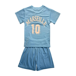 Kids sport set with white Marseille T-shirt and navy shorts.