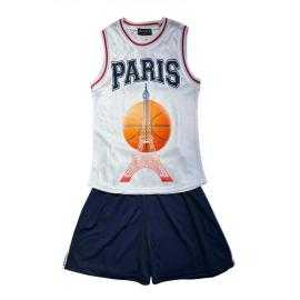 Kids sport set with white Paris tank top and navy shorts.