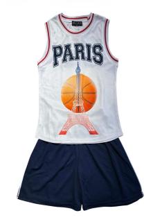 Ensemble sport enfant avec débardeur Paris blanc et short bleu marine.