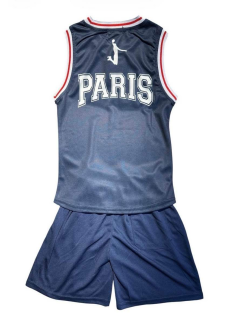 Kids sport set with white Paris tank top and navy shorts.