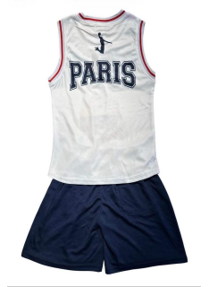 Kids sport set with white Paris tank top and navy shorts.