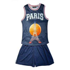 Kids sport set with white Paris tank top and navy shorts.