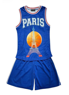 Kids sport set with white Paris tank top and navy shorts.