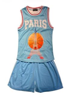 Kids sport set with white Paris tank top and navy shorts.