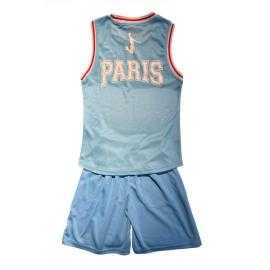 Ensemble sport enfant avec débardeur Paris blanc et short bleu marine.
