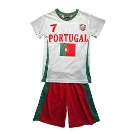 Boys Portugal football style set with white printed T-shirt and red shorts.