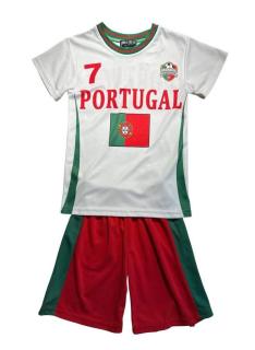 Boys Portugal football style set with white printed T-shirt and red shorts.