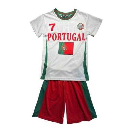 Boys Portugal football style set with white printed T-shirt and red shorts.