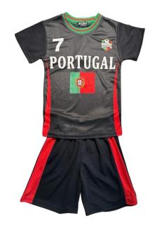 Boys Portugal football style set with white printed T-shirt and red shorts.