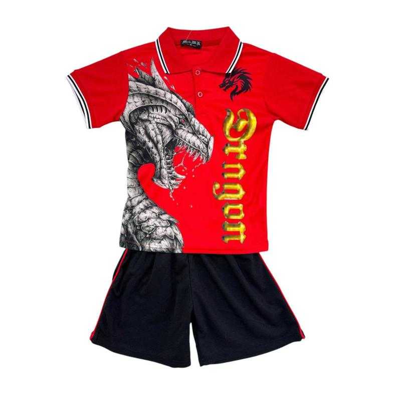 Pack of 30 – Boys red dragon polo and black shorts set