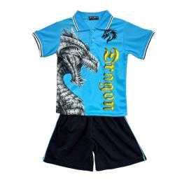 Boys set with red dragon print polo and black shorts. Boys set with red dragon print polo and black shorts.