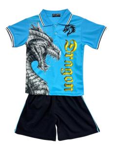 Boys set with red dragon print polo and black shorts.