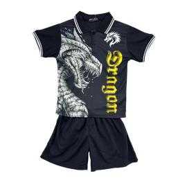 Boys set with red dragon print polo and black shorts. Boys set with red dragon print polo and black shorts.