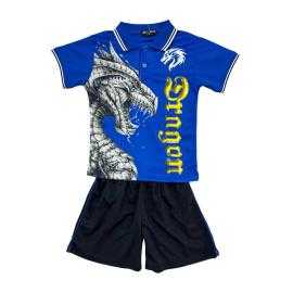 Boys set with red dragon print polo and black shorts. Boys set with red dragon print polo and black shorts.