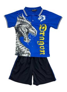 Boys set with red dragon print polo and black shorts.