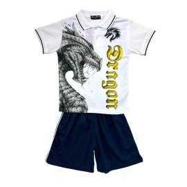 Boys set with red dragon print polo and black shorts. Boys set with red dragon print polo and black shorts.
