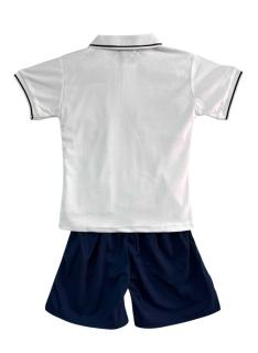 Boys set with red dragon print polo and black shorts.