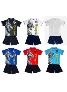 Boys set with red dragon print polo and black shorts.