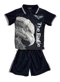 Boys set with white eagle print polo and navy shorts.