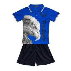 Boys set with white eagle print polo and navy shorts.