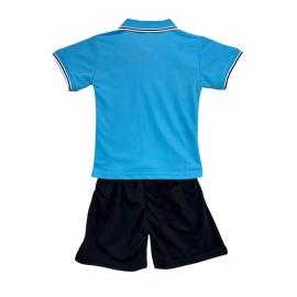 Boys set with white eagle print polo and navy shorts.