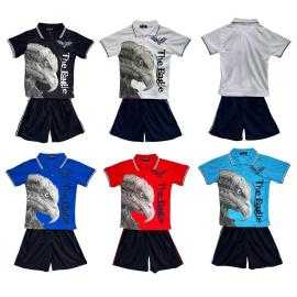 Ensemble garçon avec polo blanc imprimé aigle et short marine.
