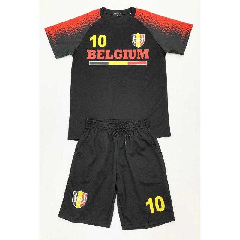 Belgium kinder sportset in zwart en rood met T-shirt met korte mouwen en bijpassende short