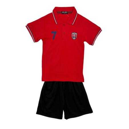 Kids Paris red polo set with matching black shorts