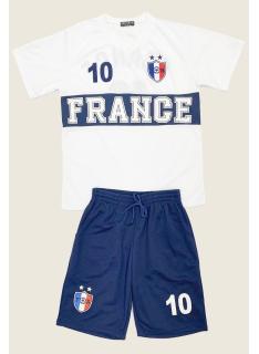 Sportieve kinderset France met wit T-shirt en bijpassende blauwe short.