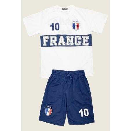 France kids sports outfit with white T-shirt and matching blue shorts.
