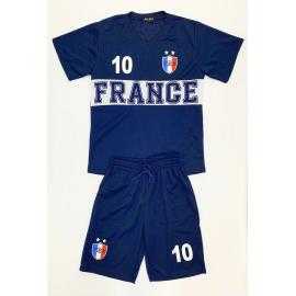 Sportieve kinderset France met wit T-shirt en bijpassende blauwe short.