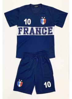 Sportieve kinderset France met wit T-shirt en bijpassende blauwe short.