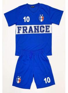Sportieve kinderset France met wit T-shirt en bijpassende blauwe short.