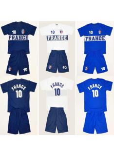 France kids sports outfit with white T-shirt and matching blue shorts.