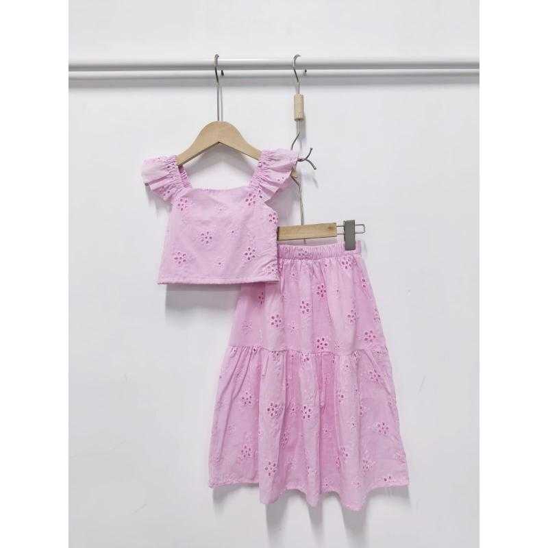 Lot de 6 – Ensemble d'été fille top à bretelles volantées et jupe longue en broderie anglaise
