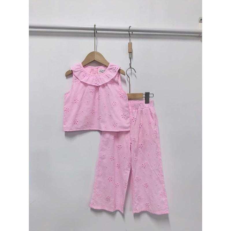 Lot de 6 – Ensemble d'été fille top sans manches à col collerette et pantalon fluide en broderie anglaise