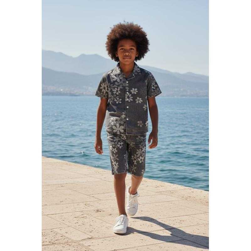 Pack of 7 – Boys boutique washed black denim floral camp collar short-sleeve shirt and long bermuda shorts set
