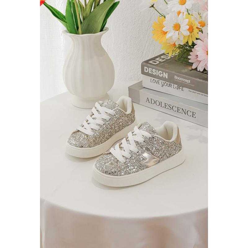 Lot de 12 – Baskets pailletées dorées à motif éclair pour petite fille (25-30)