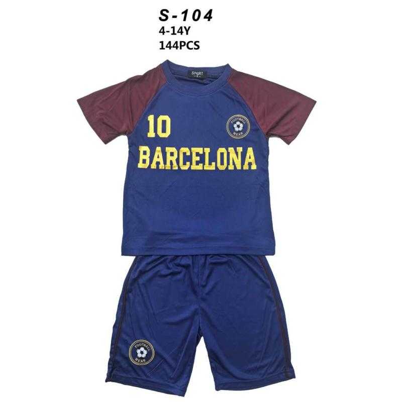 Ensemble garçon BARCELONA football avec t-shirt bleu marine et short assorti.