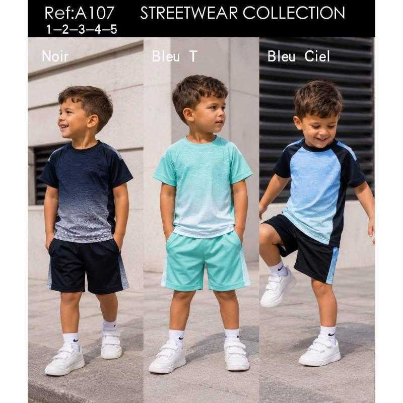 Ensemble garçon streetwear avec t-shirt graphique et short assorti en plusieurs coloris. Ensemble garçon streetwear avec t-shirt graphique et short assorti en plusieurs coloris.