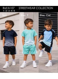 Ensemble garçon streetwear avec t-shirt graphique et short assorti en plusieurs coloris.
