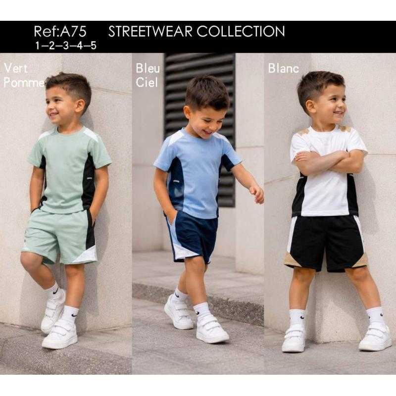 Ensemble garçon streetwear avec t-shirt uni et short assorti en plusieurs coloris. Ensemble garçon streetwear avec t-shirt uni et short assorti en plusieurs coloris.