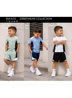 Ensemble garçon streetwear avec t-shirt uni et short assorti en plusieurs coloris.