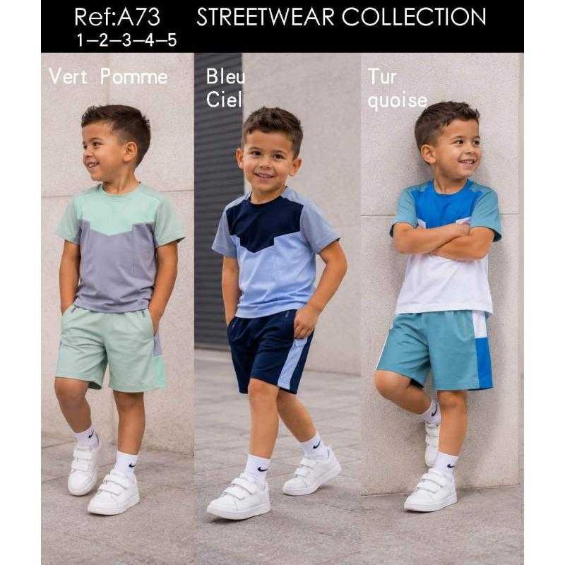 Ensemble garçon streetwear color block avec t-shirt et short assorti en plusieurs coloris. Ensemble garçon streetwear color block avec t-shirt et short assorti en plusieurs coloris.