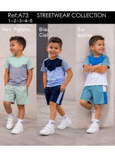 Ensemble garçon streetwear color block avec t-shirt et short assorti en plusieurs coloris.